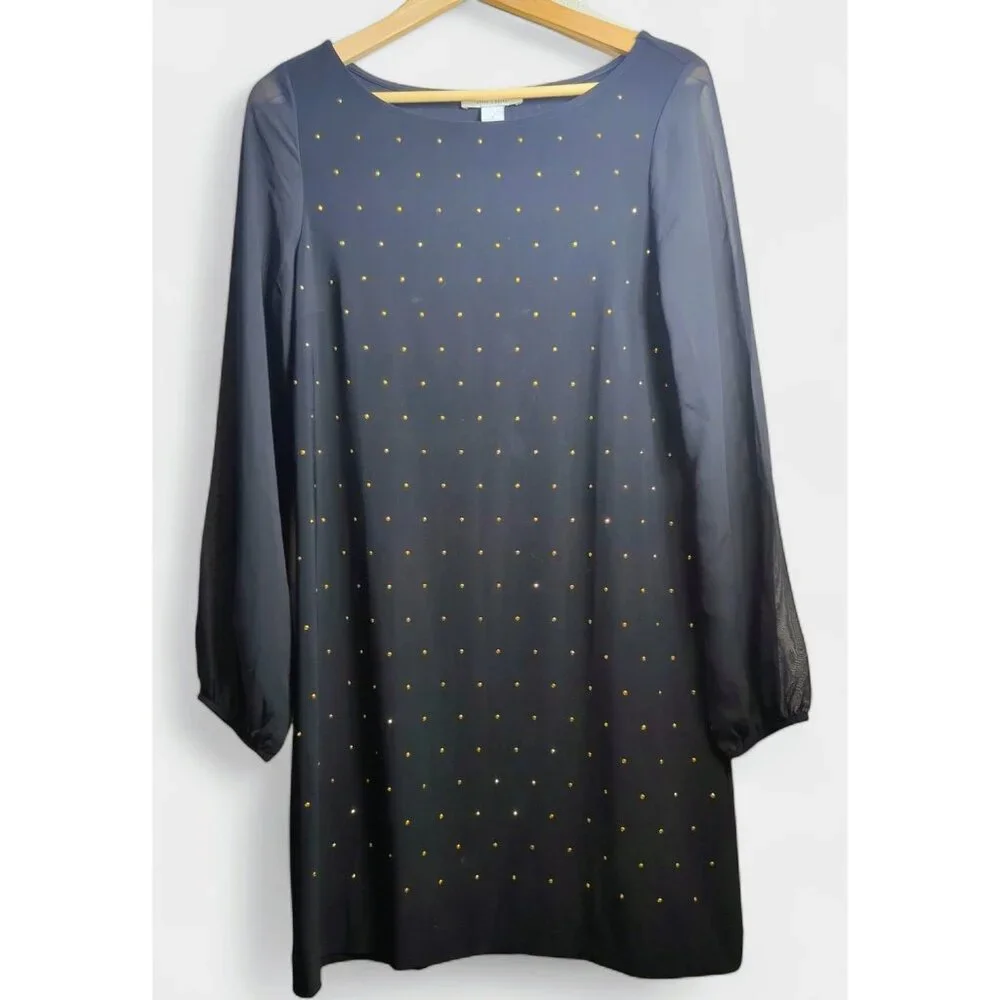 White House Black Market Women's Black Midi Dress‎ Gold Studs Sheer Long Sleeves